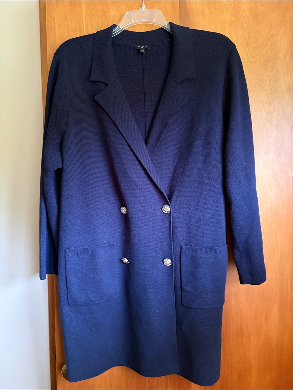 Talbots Navy Double-Breasted Knit Blazer